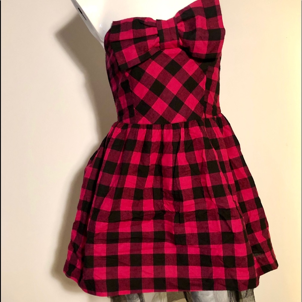Strapless PLAID PINK DRESS- cotton M